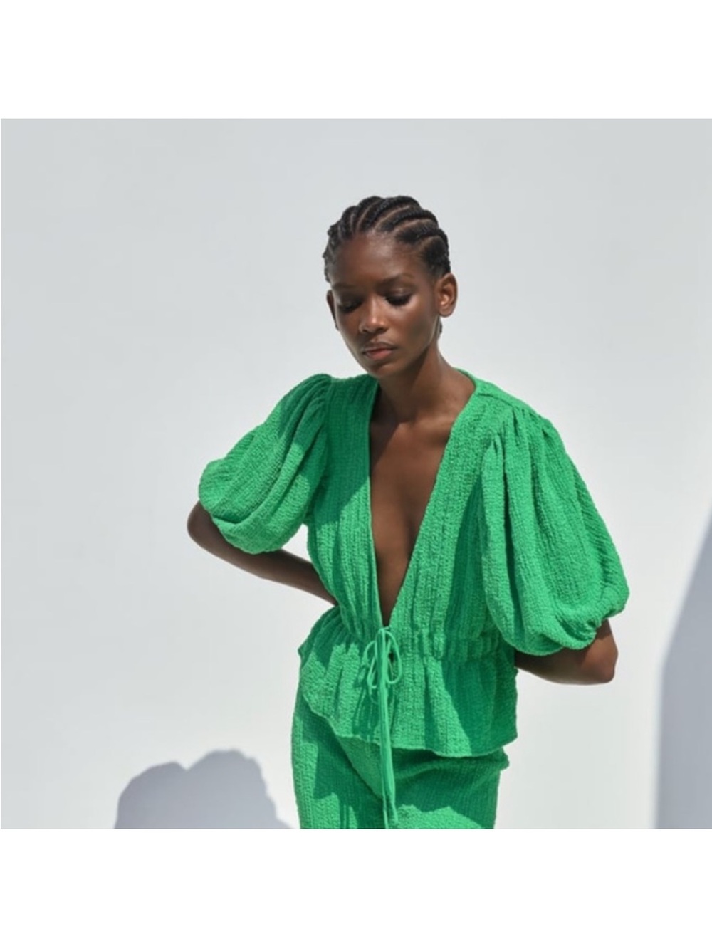 Zara Green Textured Puff-Sleeve Tie-Waist Top